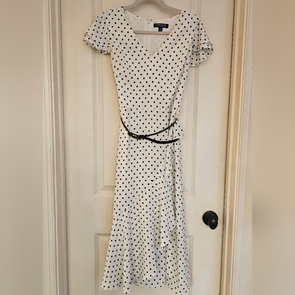 Ralph Lauren Dresses & Skirts - Ralph Lauren White Midi Dress with Black Polka Dots